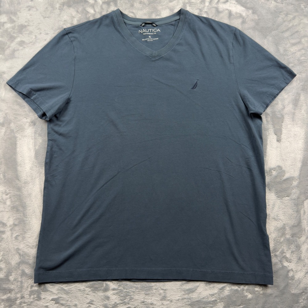 Nautica Mens XL Performance Tee Blue Gray V-Neck Short Sleeve Sail Logo T-Shirt